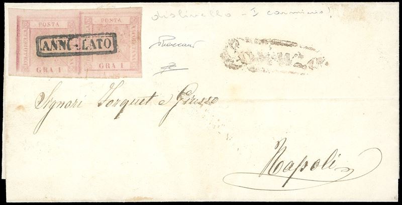 1858 - 1 grano rosa chiaro, I tavola, coppia orizzontale con cattivo allineamento (3f), bordo di foglio a sinistra, su fresca lettera da Cosenza 26/11/1858 a Napoli. Vaccari, cert. Diena.  - Asta Filatelia - Cambi Casa d'Aste