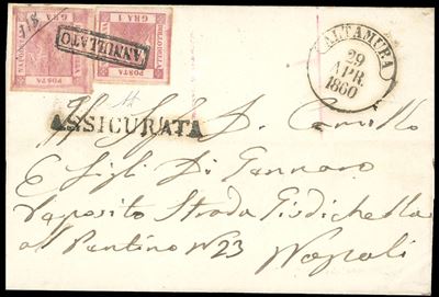 1860, 1 grano rosa carminio e 5 grana carminio rosa su lettera assicurata