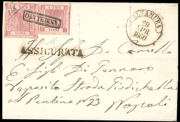 1860 - 1 grano rosa carminio e 5 grana carminio rosa, entrambi II tavola (4,9), perfetti, su fresca lettera assicurata da Altamura 29/4/1860 a Napoli. A.Diena.