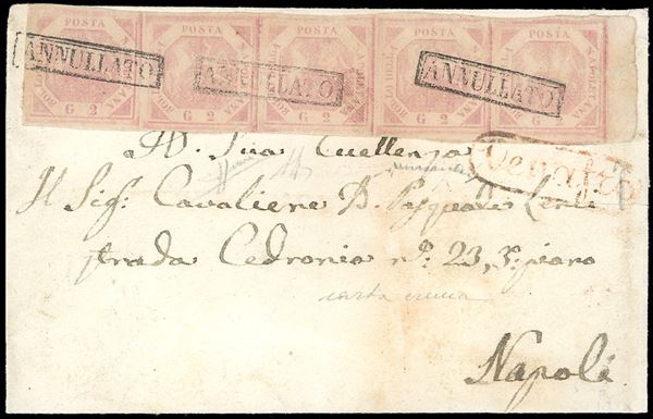 1858 - 2 grana rosa chiaro, carta crema (5), striscia orizzontale di cinque, bordo di foglio, perfetta, su lettera da Venafro a Napoli 10/5. A.Diena, Sorani, Chiavarello.
