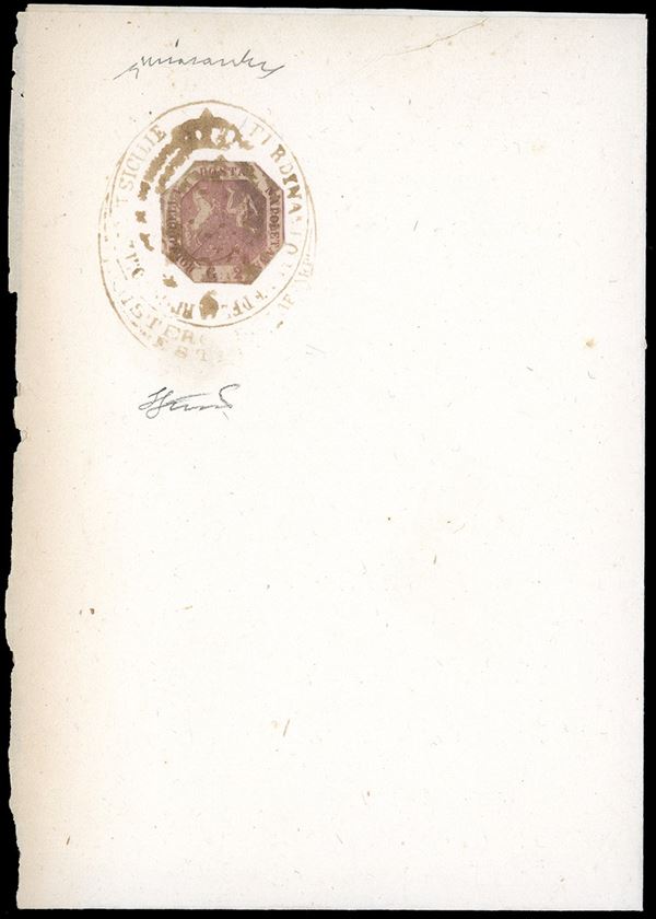 1858 - 2 grana, ritagliato lilliput lungo la cornice ottagonale, in uso fiscale e annullato con bollo  [..]
