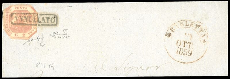 1858 - 2 grana rosa brunastro, I tavola (5c), ritagliato lilliput, su ampio frammento di lettera annullato a Barletta 10/10/1859. raro. Chiavarello, Sassone, Ferrario. Ex coll. Imperato.  - Asta Filatelia - Cambi Casa d'Aste
