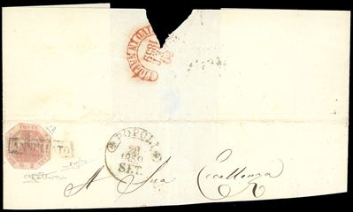 1858, Francobollo da 2 grana rosa brunastro, ritagliato lungo la linea ottagonale, su frammento d...