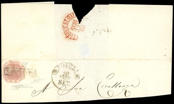 1858 - 2 grana rosa brunastro, I tavola (5c), ritagliato lilliput lungo la linea ottagonale, su ampio frammento di lettera da Popoli 28/9/1859 a Napoli, bollo di arrivo al verso. Raro. Rattone, cert. E.Diena e Raybaudi.