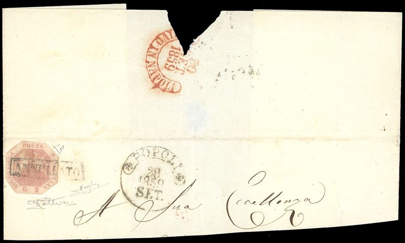 1858 - 2 grana rosa brunastro, I tavola (5c), ritagliato lilliput lungo la linea ottagonale, su ampio frammento di lettera da Popoli 28/9/1859 a Napoli, bollo di arrivo al verso. Raro. Rattone, cert. E.Diena e Raybaudi.  - Asta Filatelia - Cambi Casa d'Aste