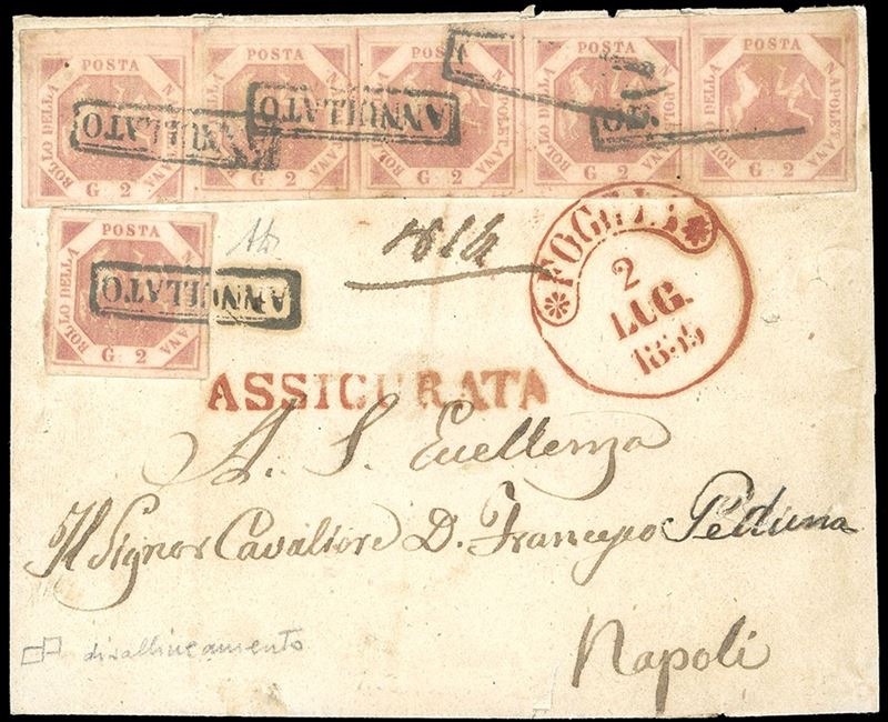 1859 - 2 grana rosa brunastro, III tavola (7), singolo e striscia orizzontale di cinque, il primo esemplare con interessante disallineamento rispetto agli altri, due esemplari difettosi, su lettera assicurata da Foggia 2/7/1859 a Napoli. Rara e di ottimo aspetto. Cert. A.Diena.  - Asta Filatelia - Cambi Casa d'Aste