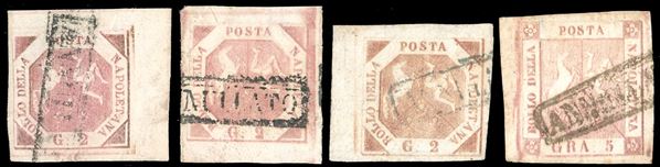 1858 - Quattro esemplari (5,6,7,8), tutti bordo o angolo di foglio, usati, perfetti. Ottima qualità. G.Bolaffi per il 2 grana della II tavola.