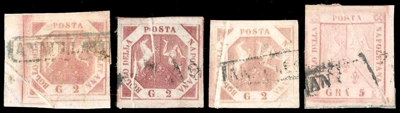 1858 - Quattro esemplari (5,7,9), tutti con evidenti pli d'accordeon, usati, perfetti. Interessanti e non comuni, ottima qualità generale.  - Asta Filatelia - Cambi Casa d'Aste
