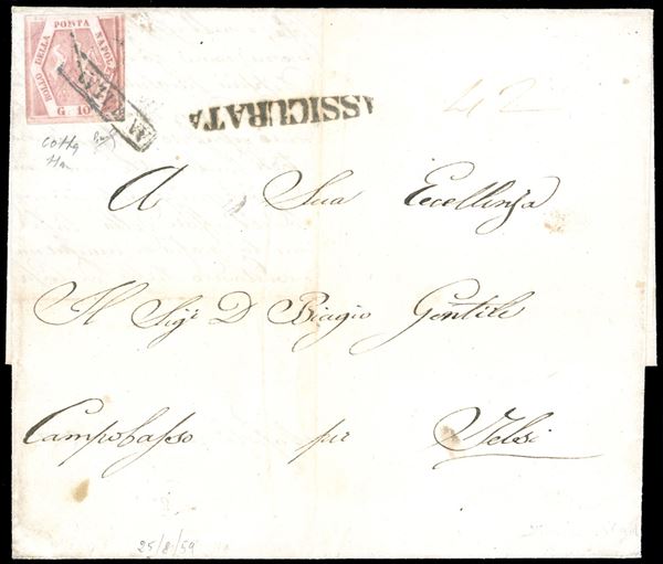 1859 - 10 grana rosa carminio chiaro, II tavola, evidente pli d'accordeon (11a), perfetto, isolato su fresca lettera assicurata da Napoli 25/8/1859 a Campobasso. Bella e di ottima qualità. Cert. Colla. Ex coll. Imperato.