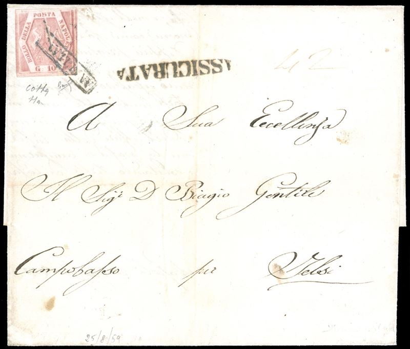 1859 - 10 grana rosa carminio chiaro, II tavola, evidente pli d'accordeon (11a), perfetto, isolato su fresca lettera assicurata da Napoli 25/8/1859 a Campobasso. Bella e di ottima qualità. Cert. Colla. Ex coll. Imperato.  - Auction Philately - Cambi Casa d'Aste