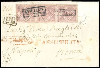 1858, 20 grana rosa brunastro, lettera assicurata da Cosenza a Roma