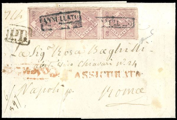 1858 - 20 grana rosa brunastro, I tavola (12), striscia verticale di tre, margine destro dei francobolli sapientemente restaurato, su lettera assicurata da Cosenza a Roma, 13/5/1858. Estremamente rara e di ottimo aspetto. Cert. Ferrario. Ex coll. Imperato.