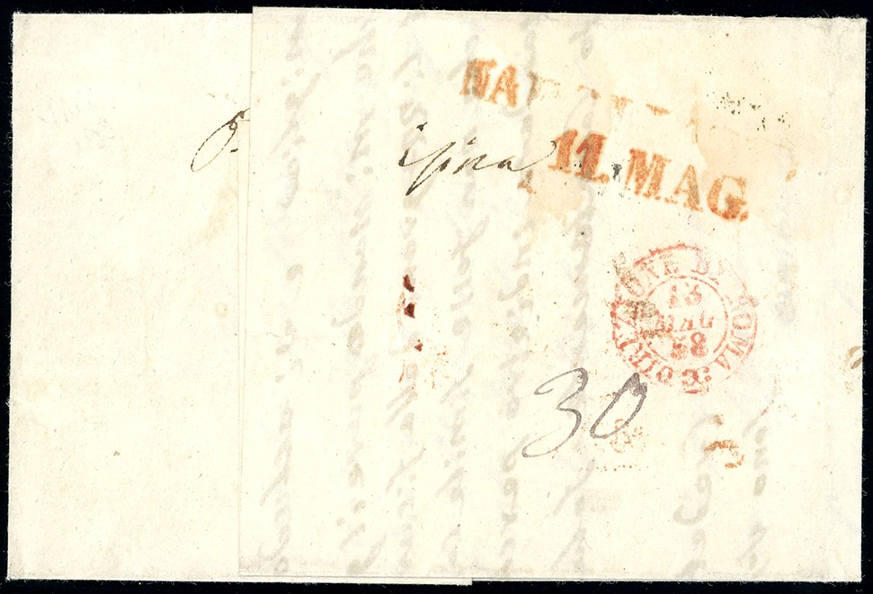 1858, 20 grana rosa brunastro, lettera assicurata da Cosenza a Roma