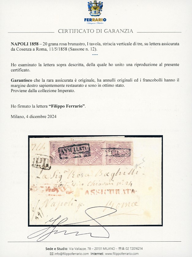 1858, 20 grana rosa brunastro, lettera assicurata da Cosenza a Roma