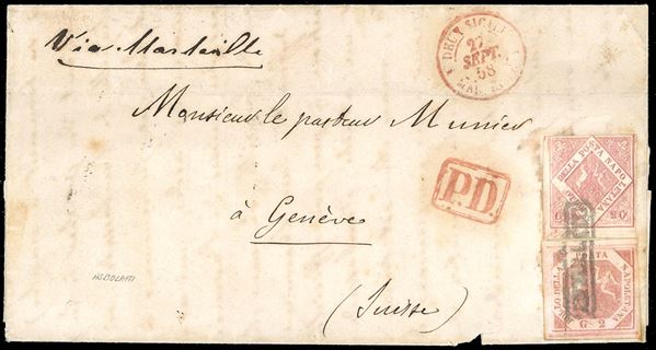 1858 - 20 grana rosa brunastro, I tavola, tre ottimi margini, leggermente intaccato in alto, 2 grana rosa carminio, I tavola, perfetto (12,5d), su busta da Napoli 25/9/1858 a Ginevra, in Svizzera, manoscritto sul fronte "via Marsiglia". Pregevole destinazione, di ottimo aspetto. Ex coll. Imperato.