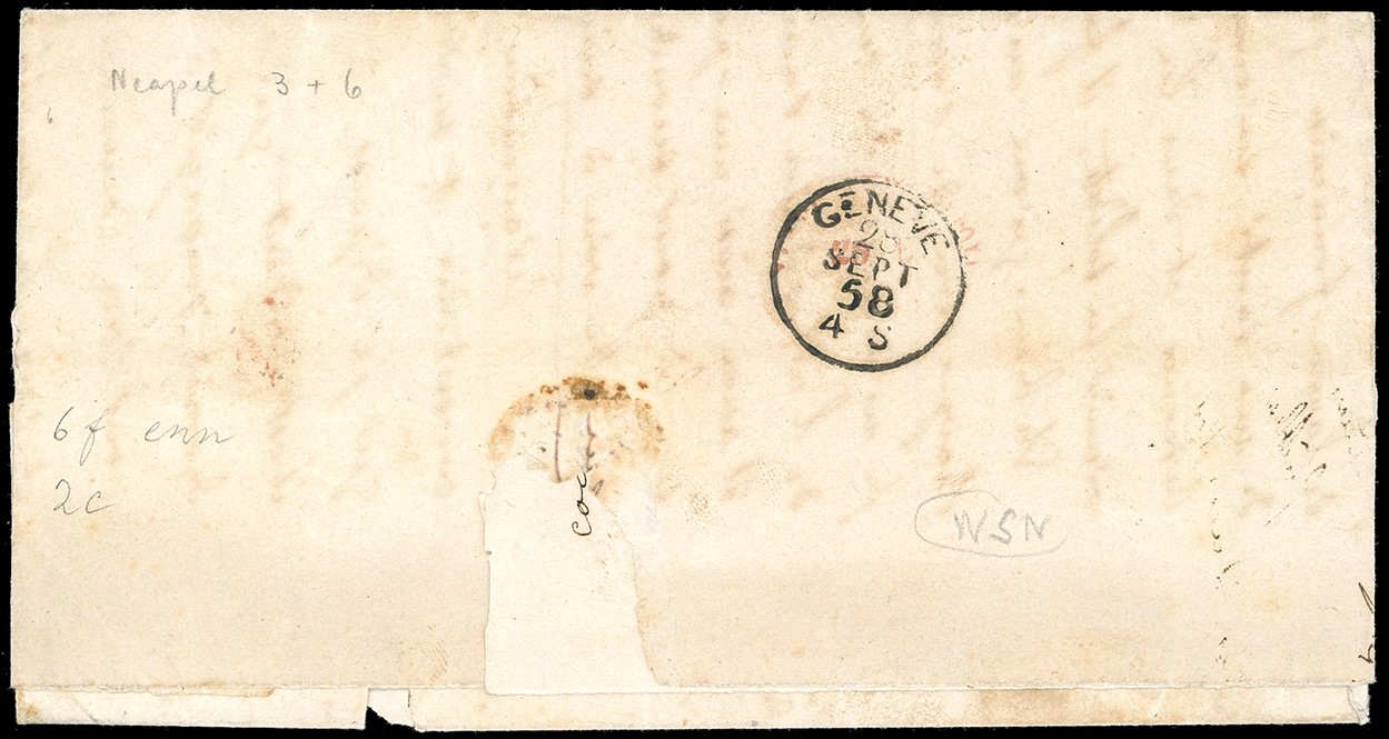 1858 - 20 grana rosa brunastro e 2 grana rosa carminio, Busta da Napoli a Ginevra