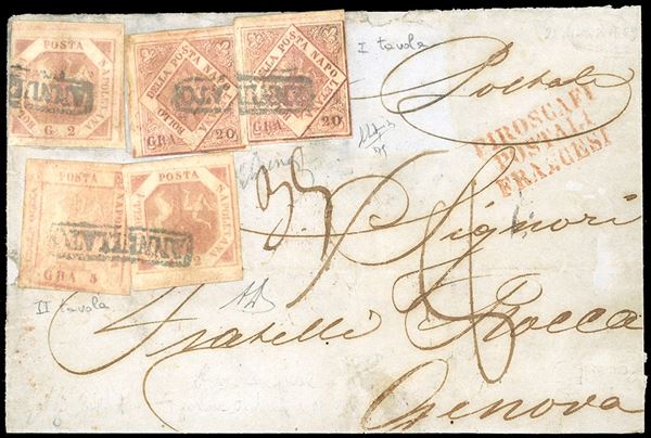 1859 - 20 grana rosa brunastro, I tavola, due esemplari, 2 grana rosa brunastro, III tavola, due esemplari, 5 grana carminio rosa, II tavola (12,7,9), ottimo stato, su frontespizio di lettera con parte del verso, diretta a Genova e tassata, bollo in rosso "Piroscafi Postali Francesi". Pregevole affrancatura. Em. ed A.Diena.