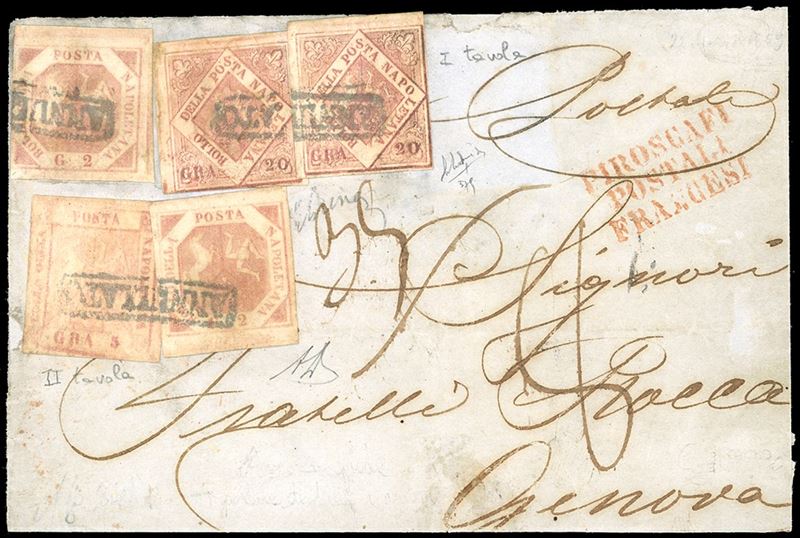 1859 - 20 grana rosa brunastro, I tavola, due esemplari, 2 grana rosa brunastro, III tavola, due esemplari, 5 grana carminio rosa, II tavola (12,7,9), ottimo stato, su frontespizio di lettera con parte del verso, diretta a Genova e tassata, bollo in rosso "Piroscafi Postali Francesi". Pregevole affrancatura. Em. ed A.Diena.  - Asta Filatelia - Cambi Casa d'Aste