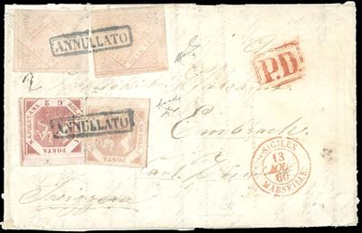 1860, Due esemplari di 20 grana rosa chiaro e 2 grana carminio, lettera da Napoli a Embrach