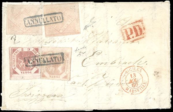 1860 - 20 grana rosa chiaro, II tavola, due esemplari, 2 grana III tavola, un esemplare rosa chiaro, riutilizzato in frode postale, ed uno carminio (13,7b,7d), buono/ottimo stato, su lettera di doppio porto da Napoli 11/8/1860 a Embrach, in Svizzera, per la via di Francia. Insieme molto raro. Chiavarello, cert. Ferrario. Ex coll. Imperato.