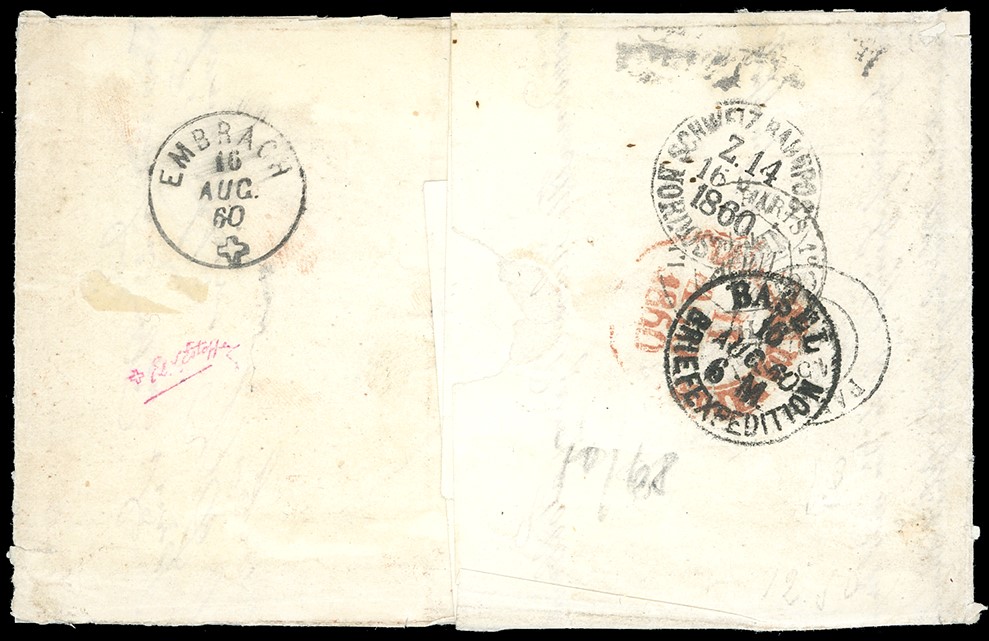 1860, Due esemplari di 20 grana rosa chiaro e 2 grana carminio, lettera da Napoli a Embrach