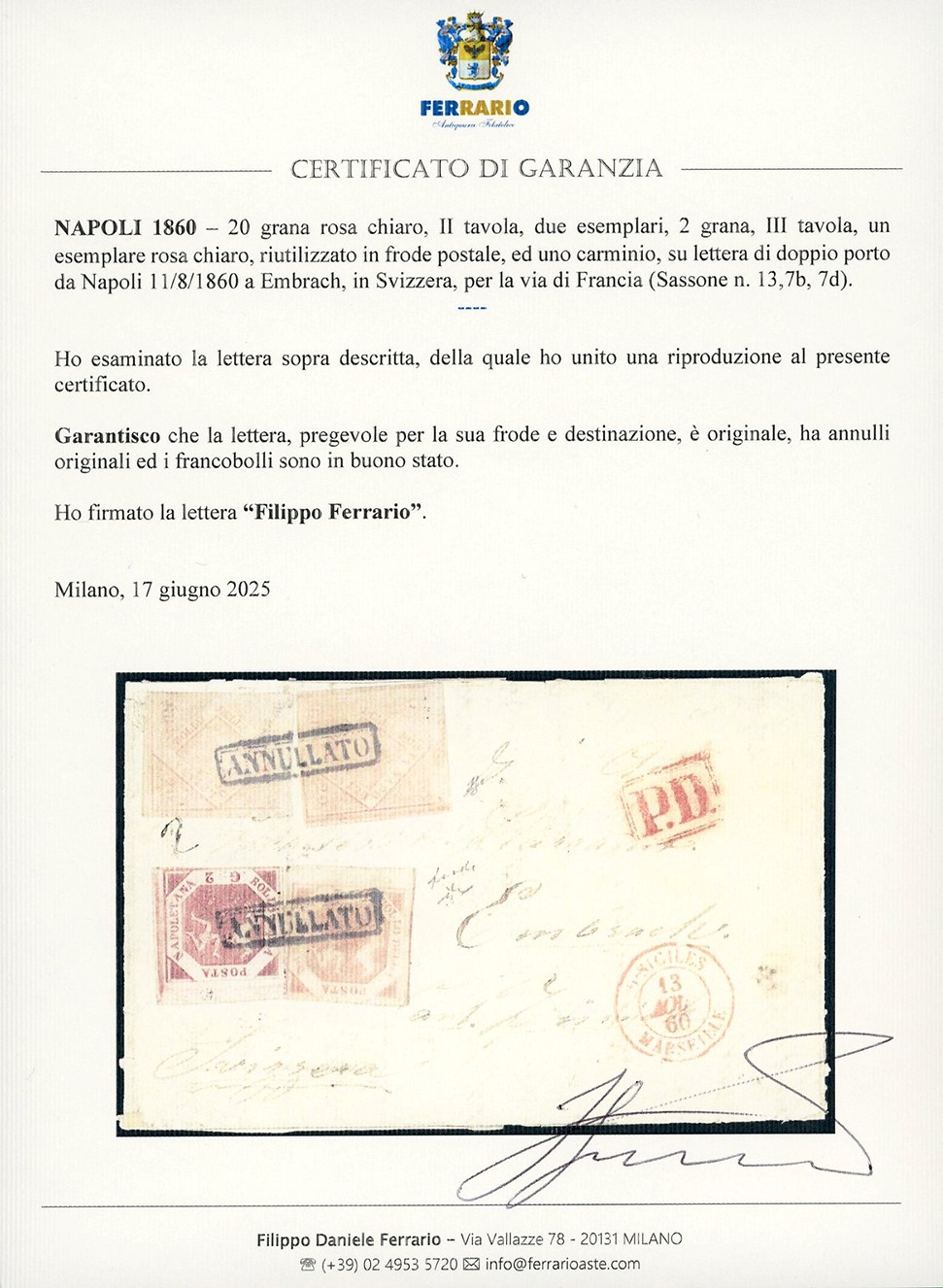1860, Due esemplari di 20 grana rosa chiaro e 2 grana carminio, lettera da Napoli a Embrach