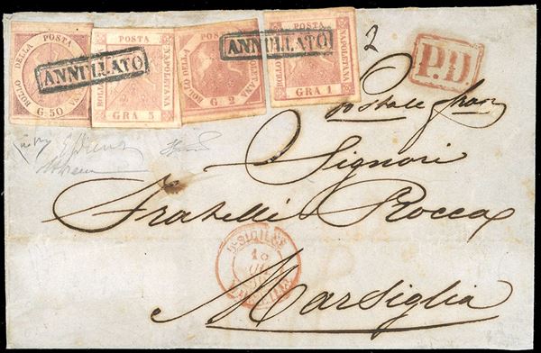 1859 - 50 grana rosa brunastro, 1 grano rosa carminio, II tavola, 2 grana rosa brunastro, I tavola, 5 grana rosa chiato, I tavola (14,4,5,8c), perfetti, su lettera da Napoli 16/7/1859 a Marsiglia, in Francia. Rara affrancatura quadricolore per il doppio porto della tariffa speciale di 29 grana, di ottima qualità. Emilio Diena, Alberto Diena, Enzo Diena e cert. Ferrario.
