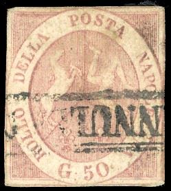 1858 - 50 grana rosa brunastro (14), usato, difettoso. Cert. Oliva.  - Asta Filatelia - Cambi Casa d'Aste