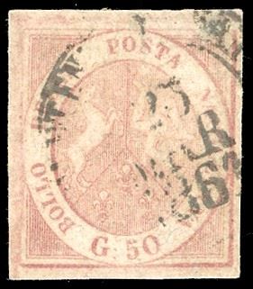 1859 - 50 grana rosa carminio chiaro (14b), perfetto e ben marginato, usato a Napoli 13/3/1861. Splendido. E.Diena, cert. Ferrario.