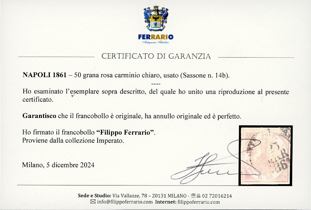 1859, Francobollo da 50 grana rosa carminio chiaro (14b), usato a Napoli il 13 marzo 1861