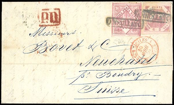 FALSI PER POSTA 1860 - 20 grana carminio falso per posta del V tipo, 2 grana rosa carminio, III tavola (F12,7b), perfetti e ben marginati, su fresca lettera da Napoli 28/4/1860 a Boudry, in Svizzera. Pregevole destinazione per i falsi per posta, di splendida qualità. Da esposizione. Due cert. E.Diena.