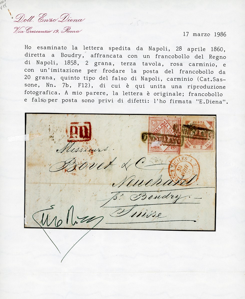 FALSI PER POSTA, 20 grana carminio e 2 grana rosa carminio su lettera