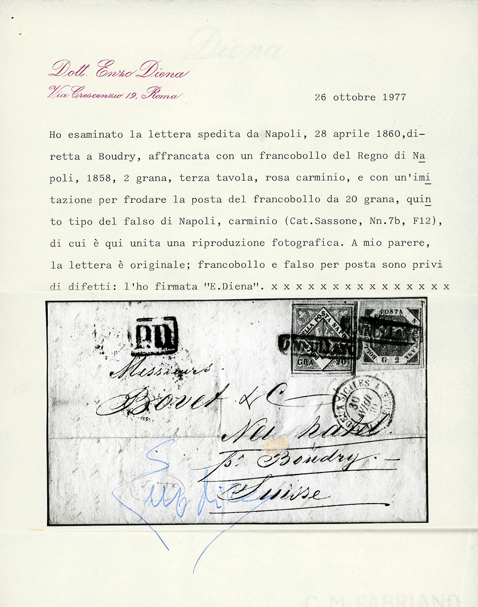 FALSI PER POSTA, 20 grana carminio e 2 grana rosa carminio su lettera