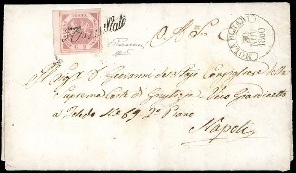 1860 - 2 grana rosa carminio, I tavola (5d), bordo di foglio, perfetto e ben marginato, su lettera da Mola di Bari 30/11/1860, annullo a svolazzo (punti 13), a Napoli. Molto bella. Vaccari, cert. Ferrario.