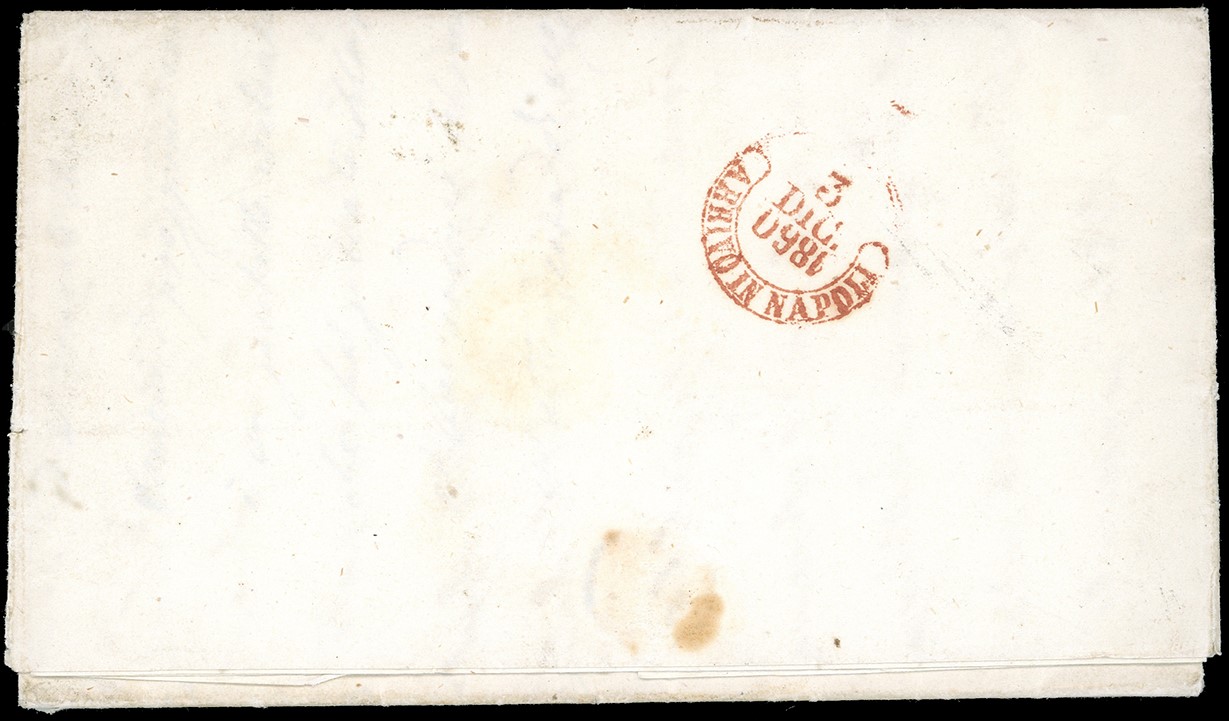 1860, 2 Grana Rosa Carminio su Lettera di Mola di Bari con Annullamento a Svolazzo