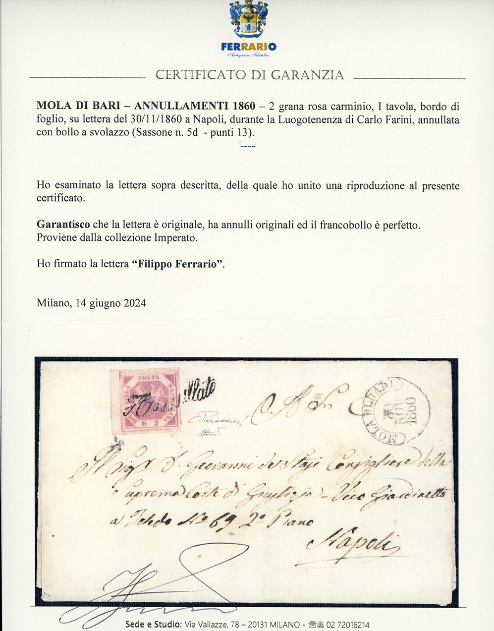 1860, 2 Grana Rosa Carminio su Lettera di Mola di Bari con Annullamento a Svolazzo