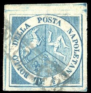 1860 - 1/2 tornese azzurro Trinacria, doppia incisione della "T" spostamento verticale, filigrana cornice  [..]