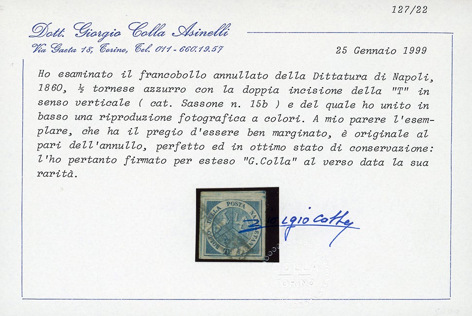 1860, 1/2 tornese azzurro Trinacria, doppia incisione della 'T' con spostamento verticale, filigr...