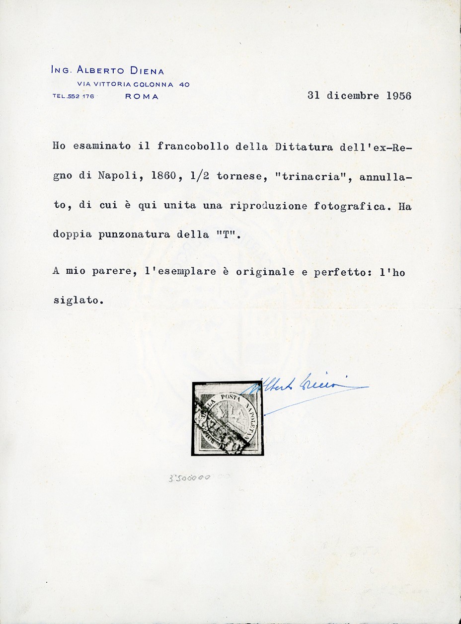 1860, 1/2 tornese azzurro Trinacria, doppia incisione della 'T' con spostamento verticale, filigr...