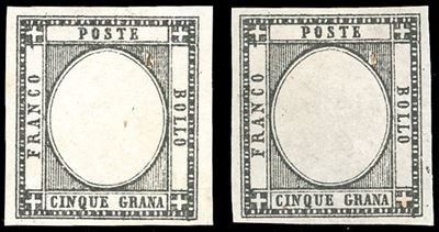 1861, 5 grana, prova di stampa in nero, senza effigie, due esemplari