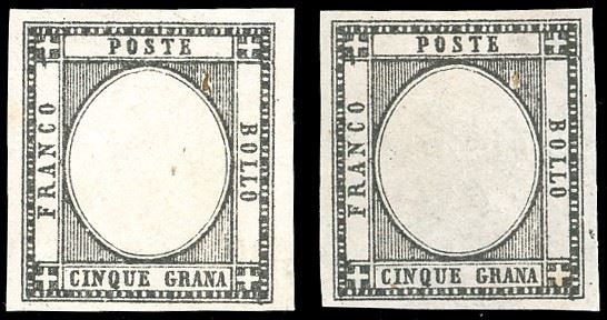 1861 - 5 grana, prova di stampa in nero, senza effigie, due esemplari con ritocco a penna, in corrispondenza del difetto dell'incisione, senza gomma, perfette. Molto interessanti e rare. Cert. Diena. Ex coll. Emilio Diena.