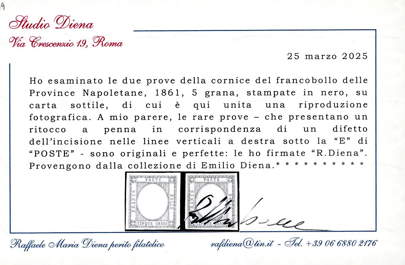 1861, 5 grana, prova di stampa in nero, senza effigie, due esemplari