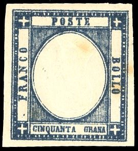 1861 - 50 grana, prova in nero violaceo con effigie capovolta probabilmente non coeva, senza gomma, perfetta e ben marginata. Molto rara. Em.Diena, cert. Diena. Ex coll. Emilio Diena.
