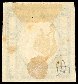 1861, 50 grana, prova in nero violaceo con effigie capovolta