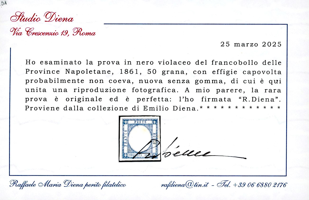1861, 50 grana, prova in nero violaceo con effigie capovolta
