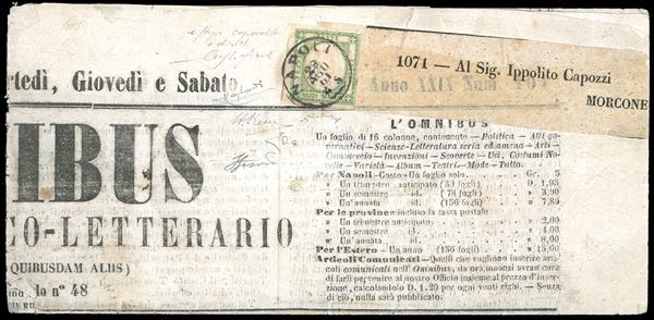 1861 - 1/2 tornese verde, EFFIGIE CAPOVOLTA E DIRITTA (17), perfetto, isolato su giornale completo di fascetta da Napoli 28/8/1861 a Morcone. Splendida varietà di cui sono finora noti solo quattro casi. Rarità del settore. Chiavarello, Fiecchi e Alberto Diena per esteso, Ferrario, cert. Raybaudi ed Enzo Diena. Ex collezione Imperato.