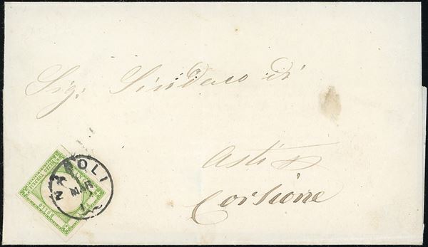 1862 - 1/2 tornese verde (17), perfetto, isolato su sovracoperta di circolare da Napoli 3/1862 ad Asti.