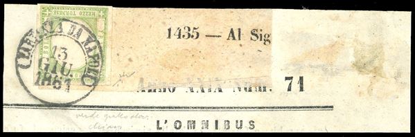 1861 - 1/2 tornese verde giallo chiaro (17a), perfetto, usato su frammento di giornale "L'Omnibus" da Napoli 13/6/1861. Chiavarello. Ex coll. Imperato.