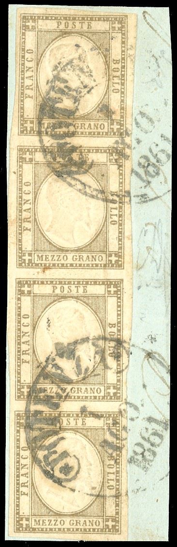 1861 - 1/2 grano bistro bruno (18), striscia verticale di quattro, perfetta e ben marginata, usata su frammento a Potenza 1/8/1861. Em.Diena, Ferrario. Ex coll. Imperato.  - Asta Filatelia - Cambi Casa d'Aste