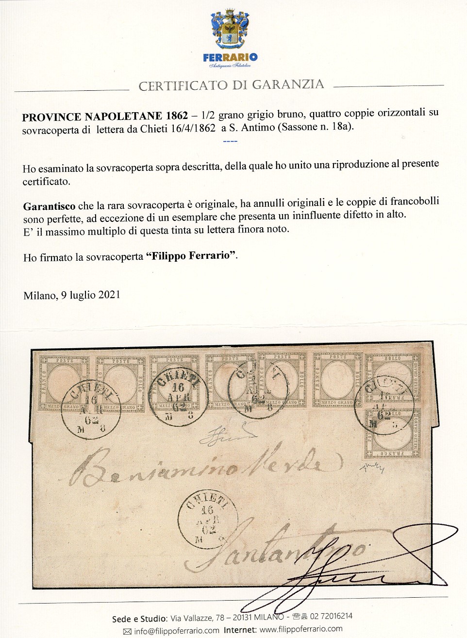 1862, 1/2 grano grigio bruno (18a), quattro coppie orizzontali perfette su fresca sovracoperta